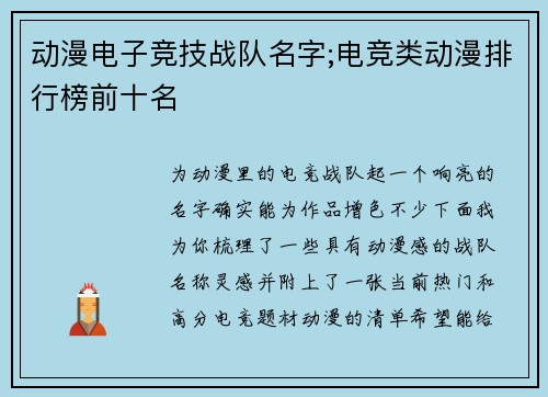 动漫电子竞技战队名字;电竞类动漫排行榜前十名