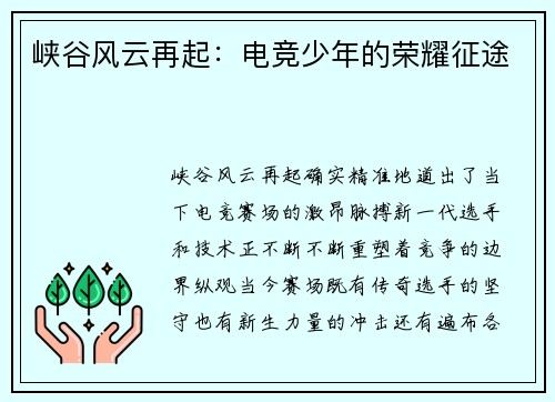 峡谷风云再起：电竞少年的荣耀征途